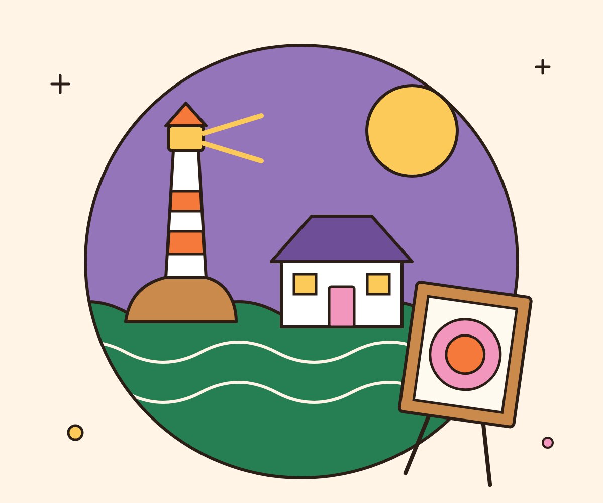 Illustration d'un séjour tufting en Bretagne : phare, maison au bord de la mer et cadre de tufting